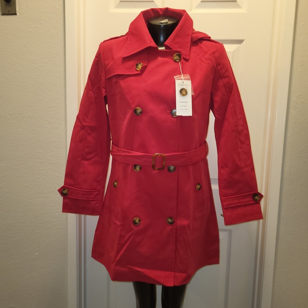 CREATMO US Women's Dress Coats Double-Breasted Trench Coat with Belt Red Size M